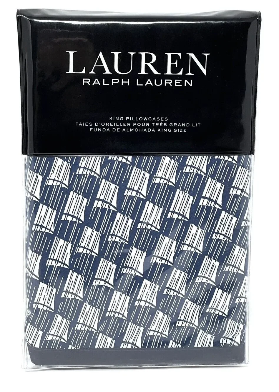 Ralph Lauren Casey King Pillowcases Navy Blue Cream PAIR of 2 Nautical Sails Geo